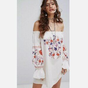 Free People Floral Embroidered Off The Shoulder Boho Cotton Dress Women size XS
